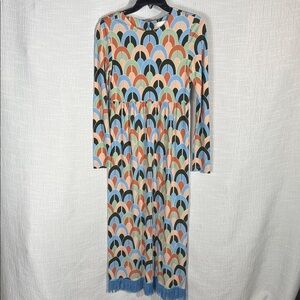 Cara Cara Multicolor Geometric Print Midi Dress with Blue Fringe Hem Size XS